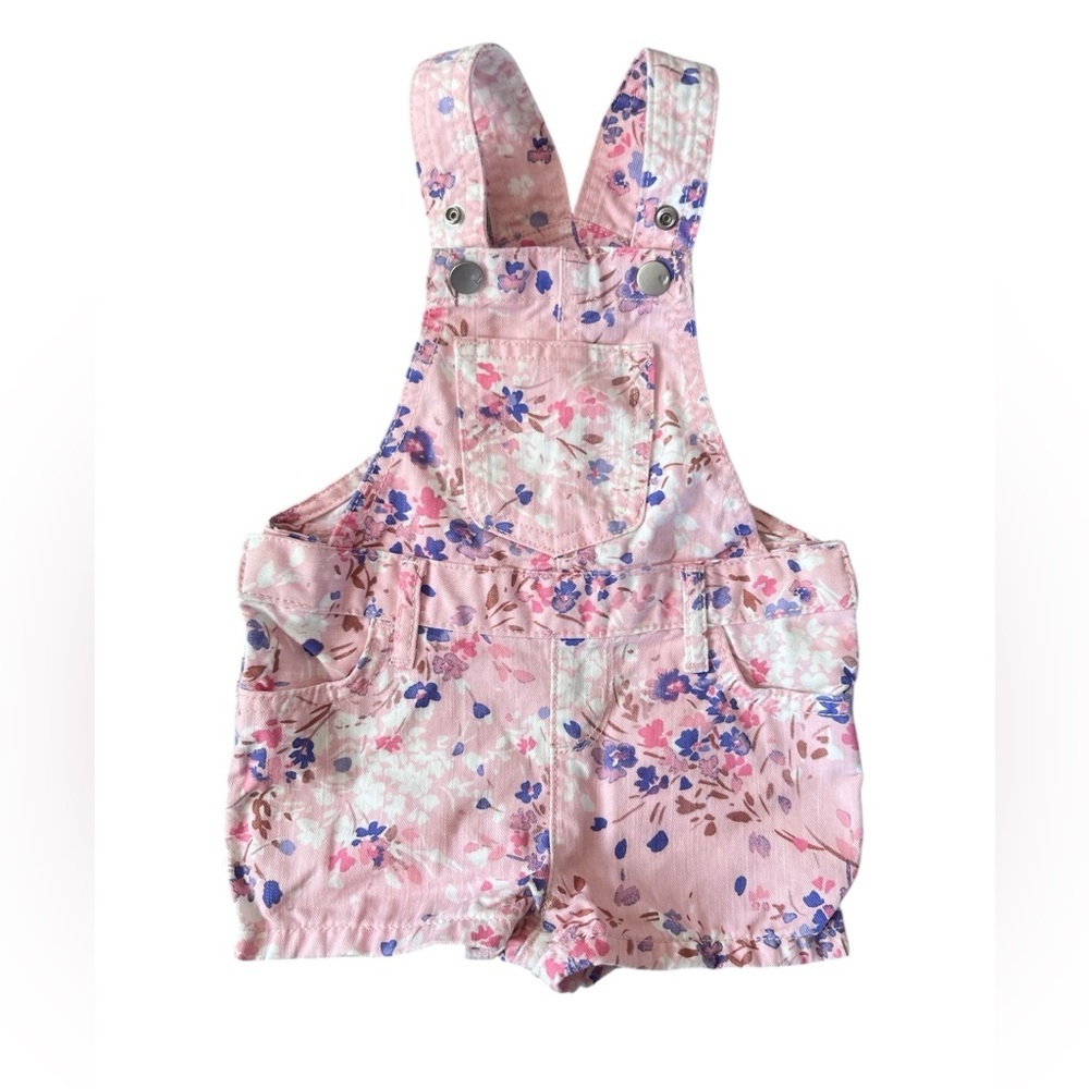 Children’s Place Baby Girl Pink Floral Denim Shortalls | 9-12M